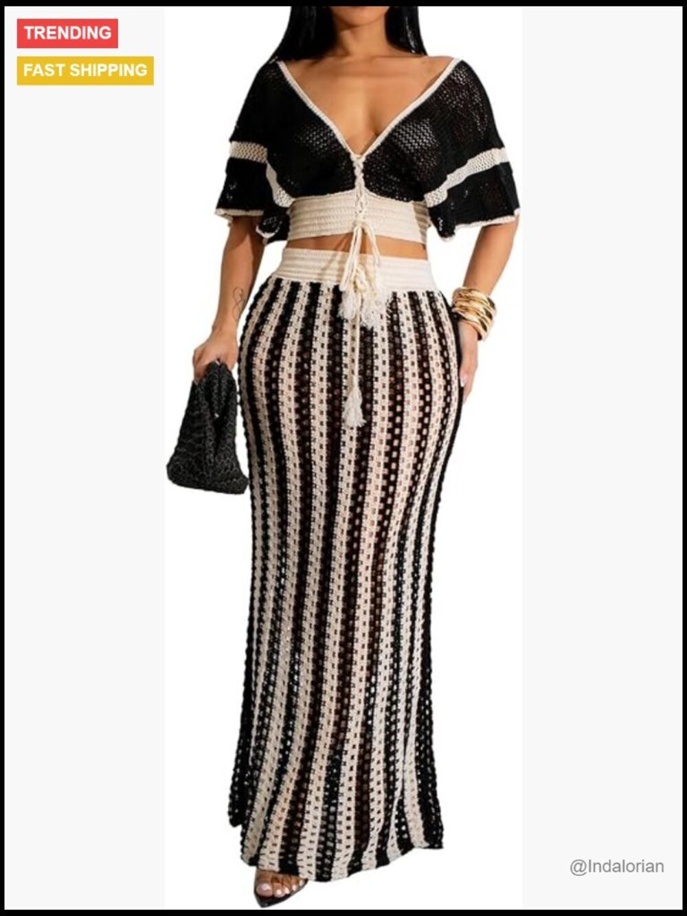 Crochet Knit Crop Top and Striped Maxi Skirt Set Vacation Outfit